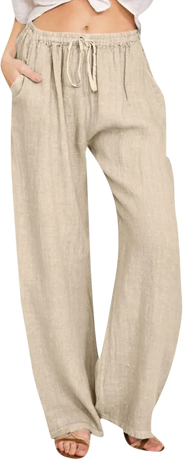 Womens Summer Linen Pants Elastic High Waisted Palazzo Pants Wide Leg Long Lounge Pant Casual Trousers with Pocket