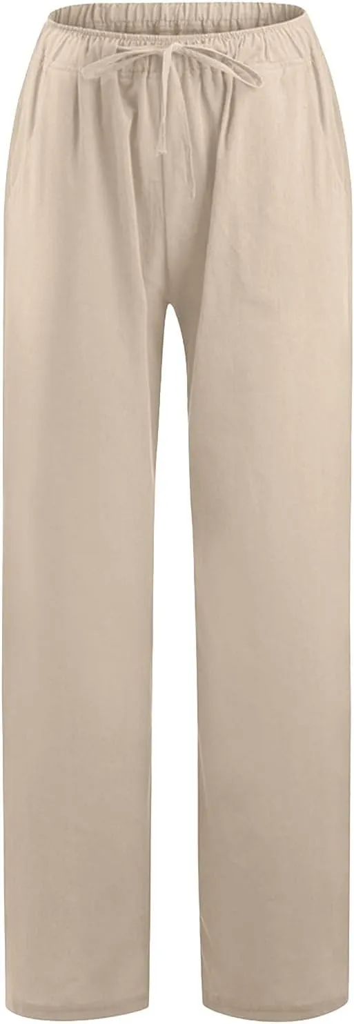 Womens Summer Linen Pants Elastic High Waisted Palazzo Pants Wide Leg Long Lounge Pant Casual Trousers with Pocket