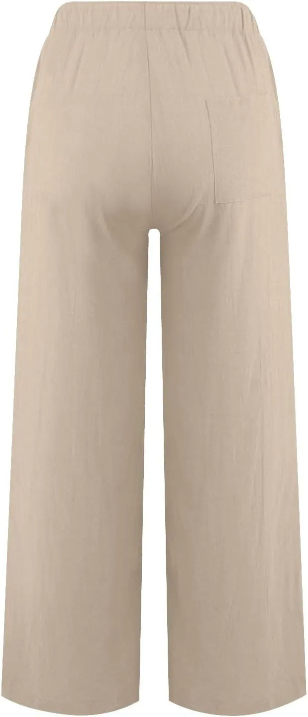 Womens Summer Linen Pants Elastic High Waisted Palazzo Pants Wide Leg Long Lounge Pant Casual Trousers with Pocket