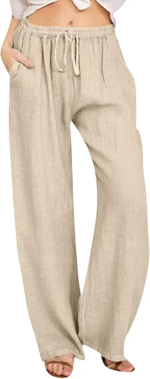 Womens Summer Linen Pants Elastic High Waisted Palazzo Pants Wide Leg Long Lounge Pant Casual Trousers with Pocket