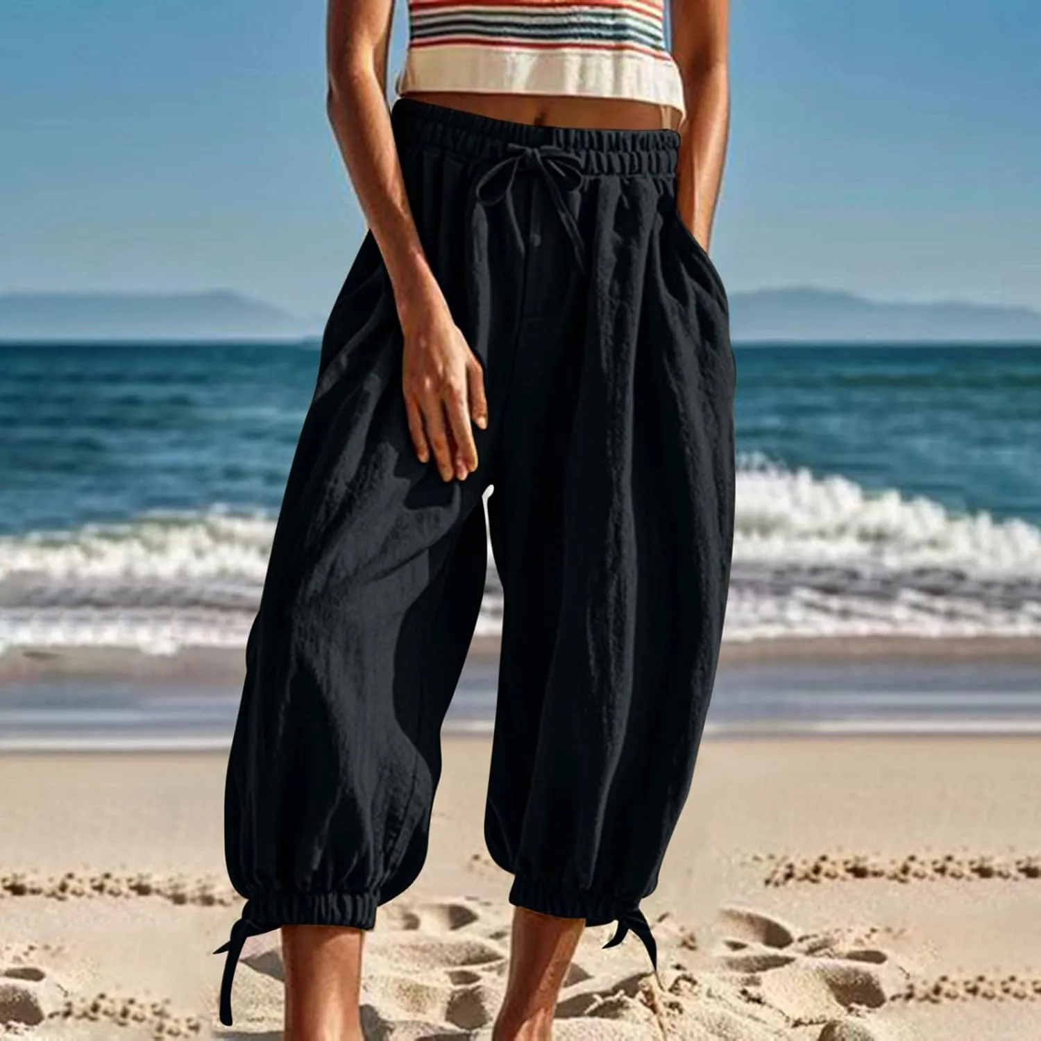 Womens Summer Linen Pants Harem Palazzo Trousers Casual Smocked Waist Flowy Slack Beach Trousers with Pocket