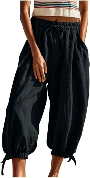 Womens Summer Linen Pants Harem Palazzo Trousers Casual Smocked Waist Flowy Slack Beach Trousers with Pocket