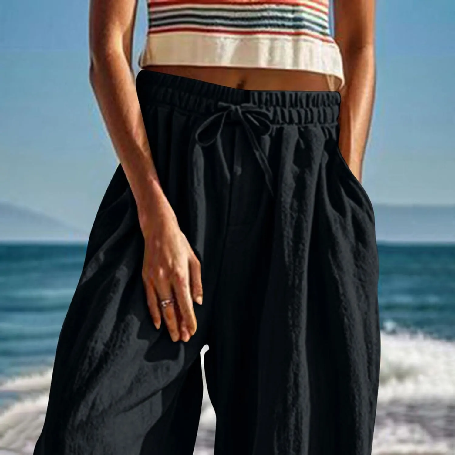 Womens Summer Linen Pants Harem Palazzo Trousers Casual Smocked Waist Flowy Slack Beach Trousers with Pocket