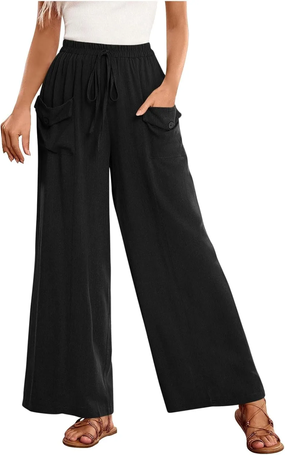 Womens Summer Linen Pants Wide Leg High Waist Flowy Palazzo Button Pockets Casual Drawstring Beach Trousers