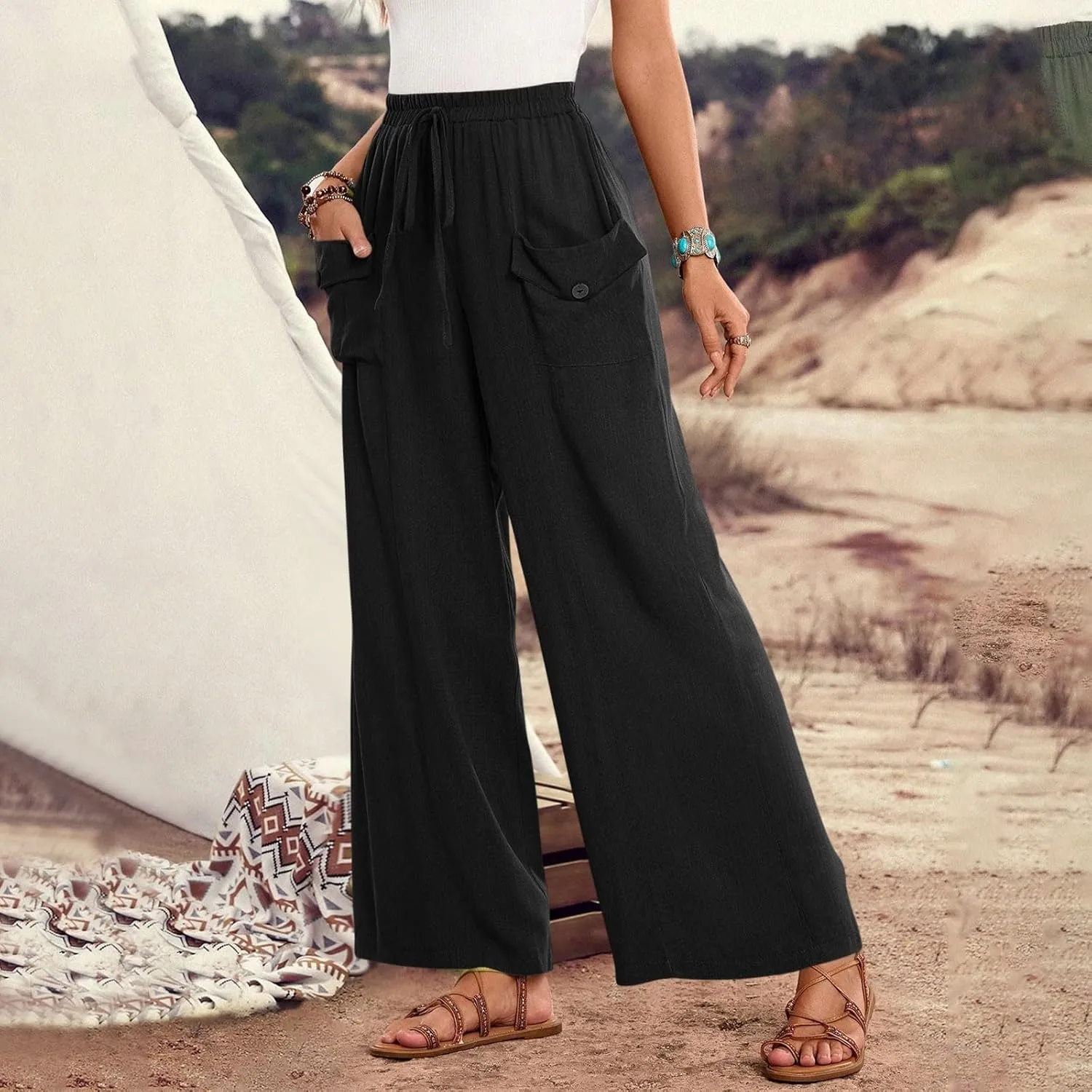 Womens Summer Linen Pants Wide Leg High Waist Flowy Palazzo Button Pockets Casual Drawstring Beach Trousers