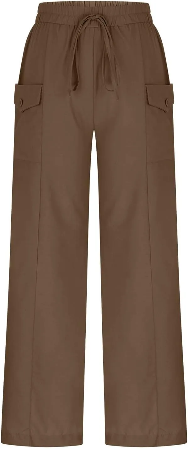 Womens Summer Linen Pants Wide Leg High Waist Flowy Palazzo Button Pockets Casual Drawstring Beach Trousers
