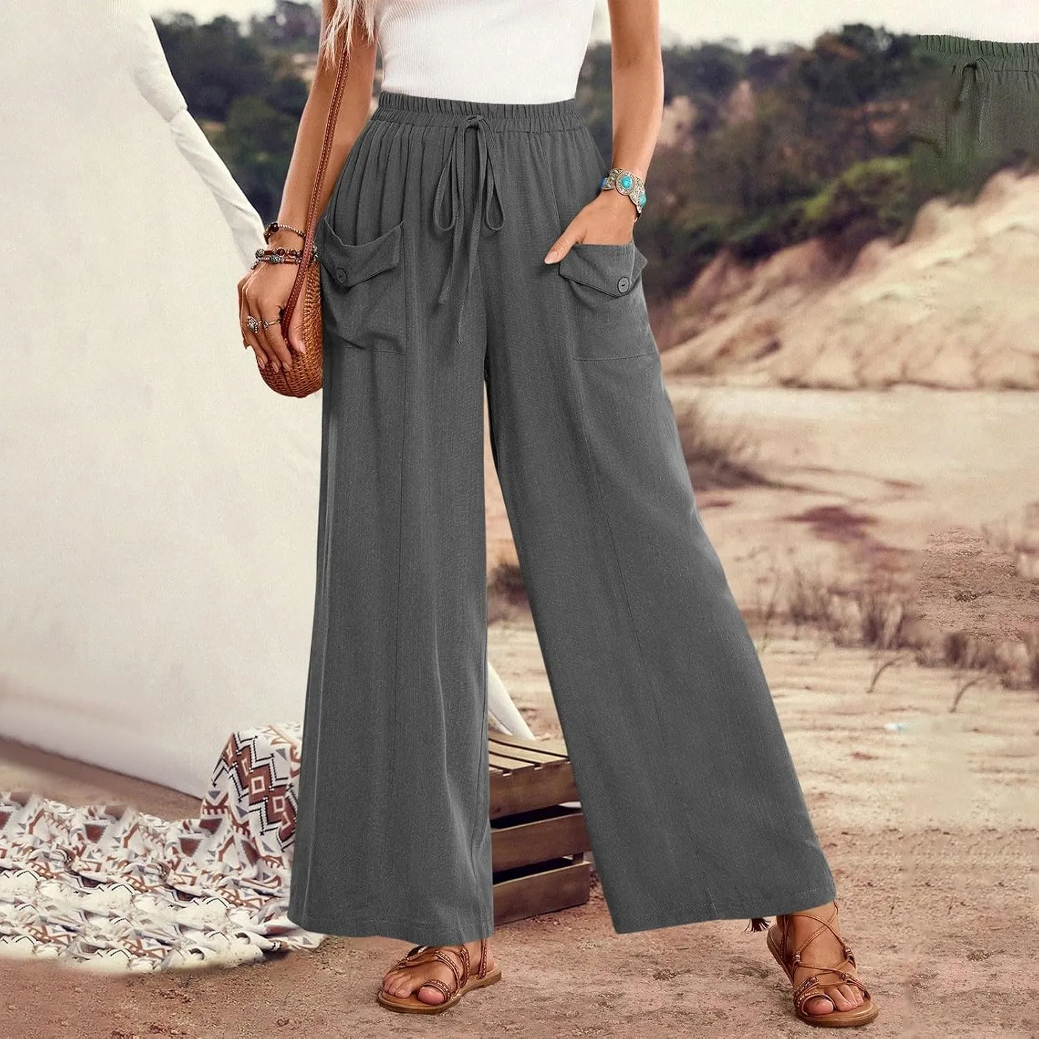 Womens Summer Linen Pants Wide Leg High Waist Flowy Palazzo Button Pockets Casual Drawstring Beach Trousers
