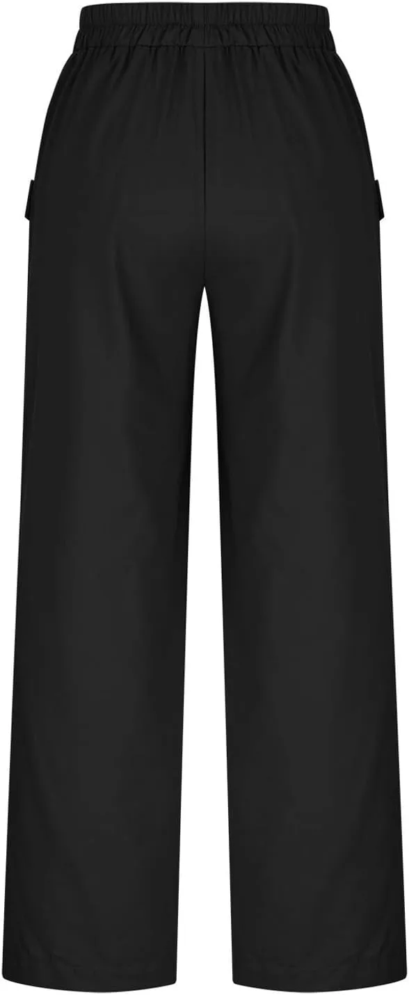 Womens Summer Linen Pants Wide Leg High Waist Flowy Palazzo Button Pockets Casual Drawstring Beach Trousers