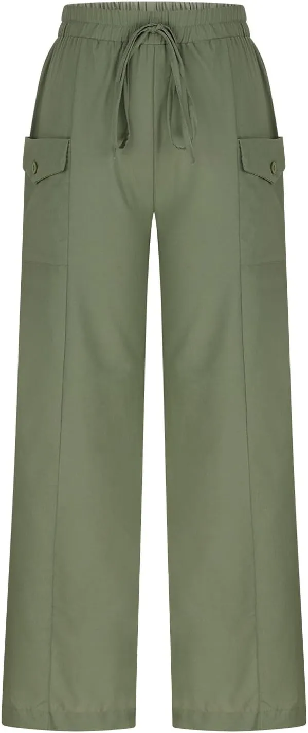 Womens Summer Linen Pants Wide Leg High Waist Flowy Palazzo Button Pockets Casual Drawstring Beach Trousers