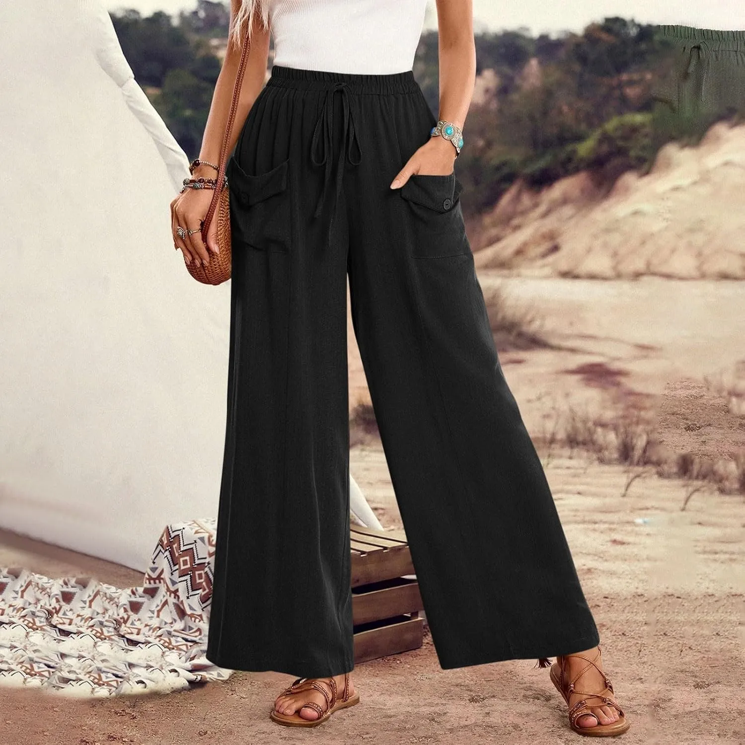 Womens Summer Linen Pants Wide Leg High Waist Flowy Palazzo Button Pockets Casual Drawstring Beach Trousers