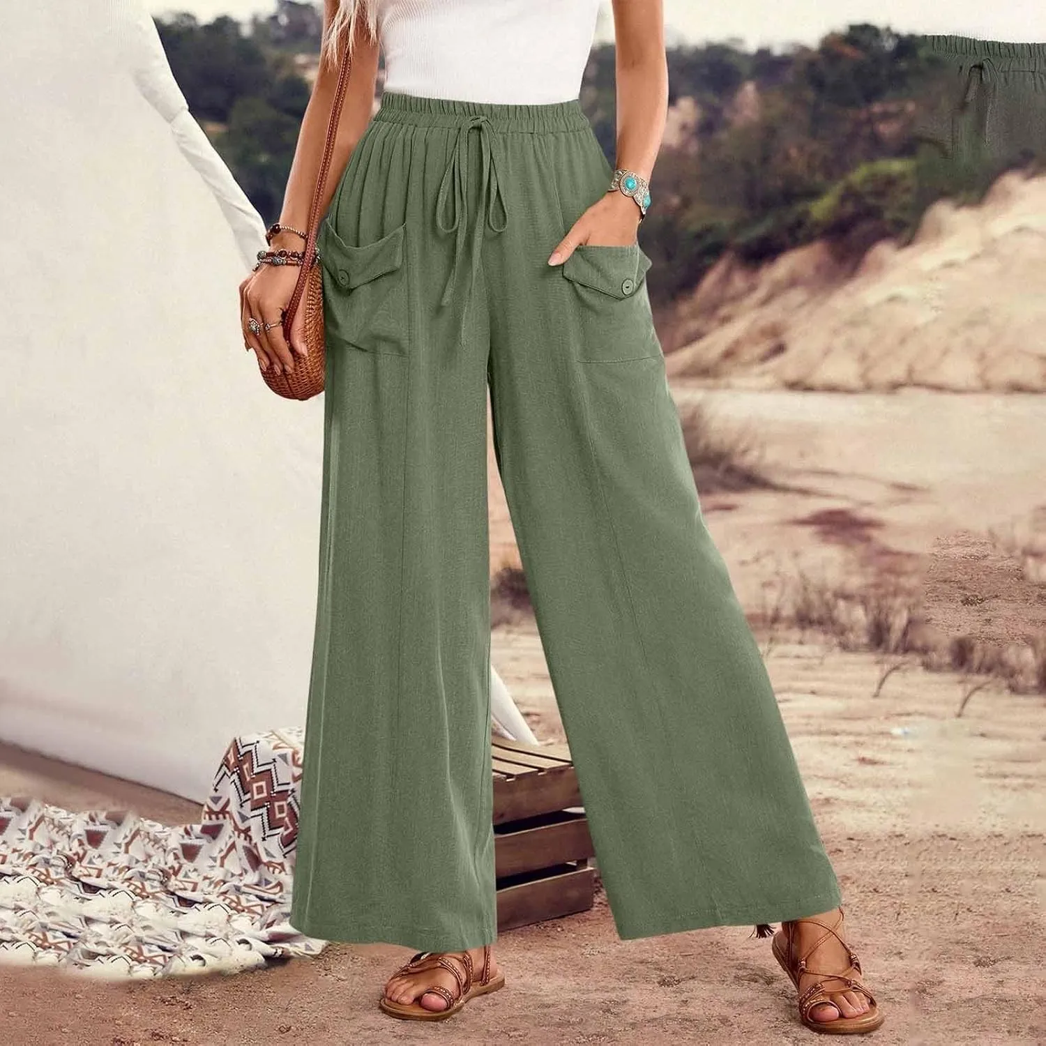 Womens Summer Linen Pants Wide Leg High Waist Flowy Palazzo Button Pockets Casual Drawstring Beach Trousers
