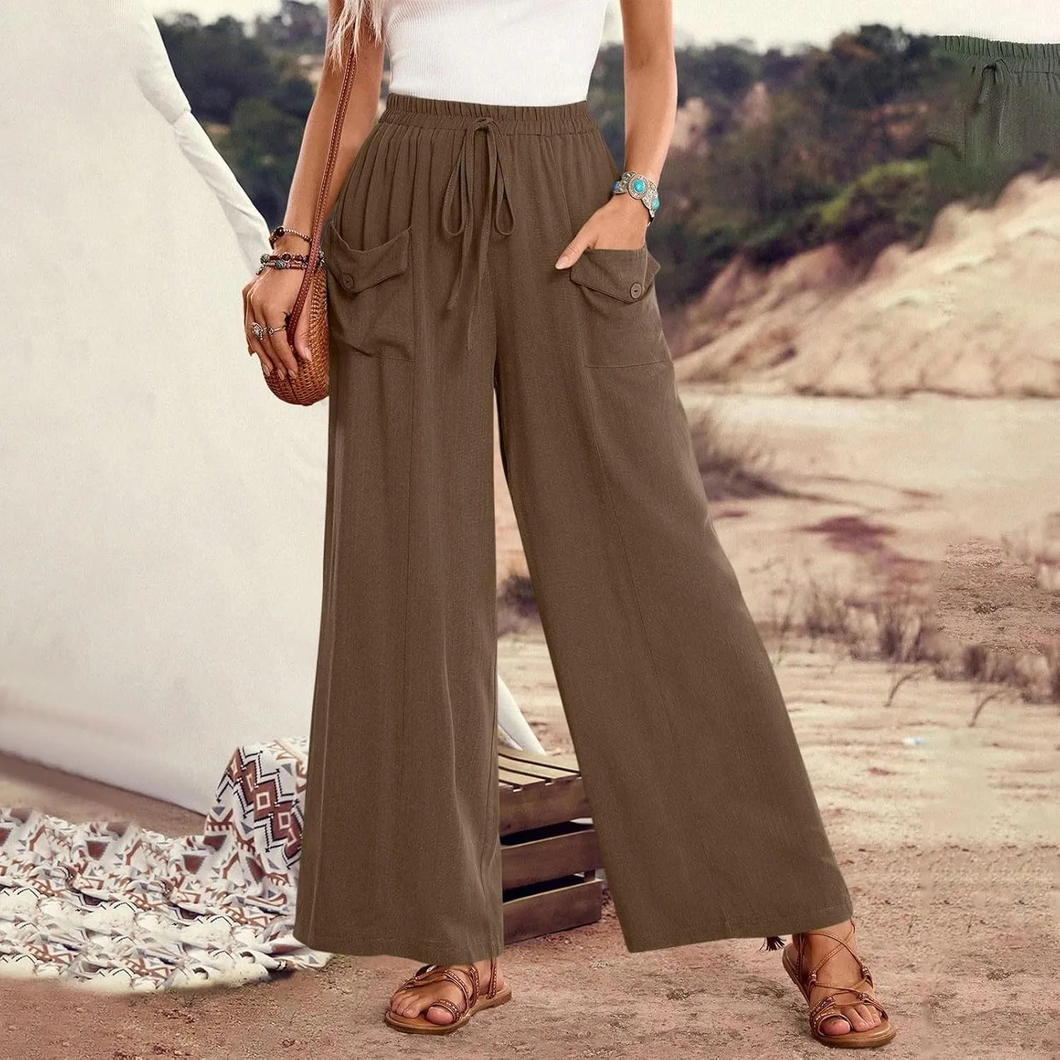Womens Summer Linen Pants Wide Leg High Waist Flowy Palazzo Button Pockets Casual Drawstring Beach Trousers