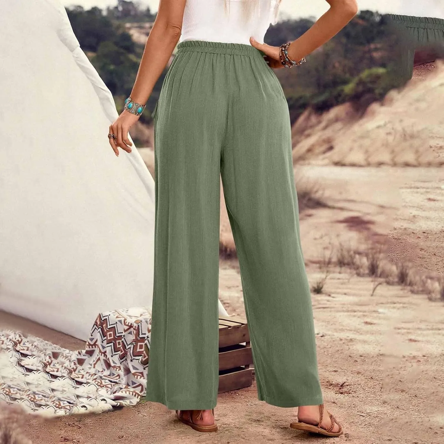 Womens Summer Linen Pants Wide Leg High Waist Flowy Palazzo Button Pockets Casual Drawstring Beach Trousers