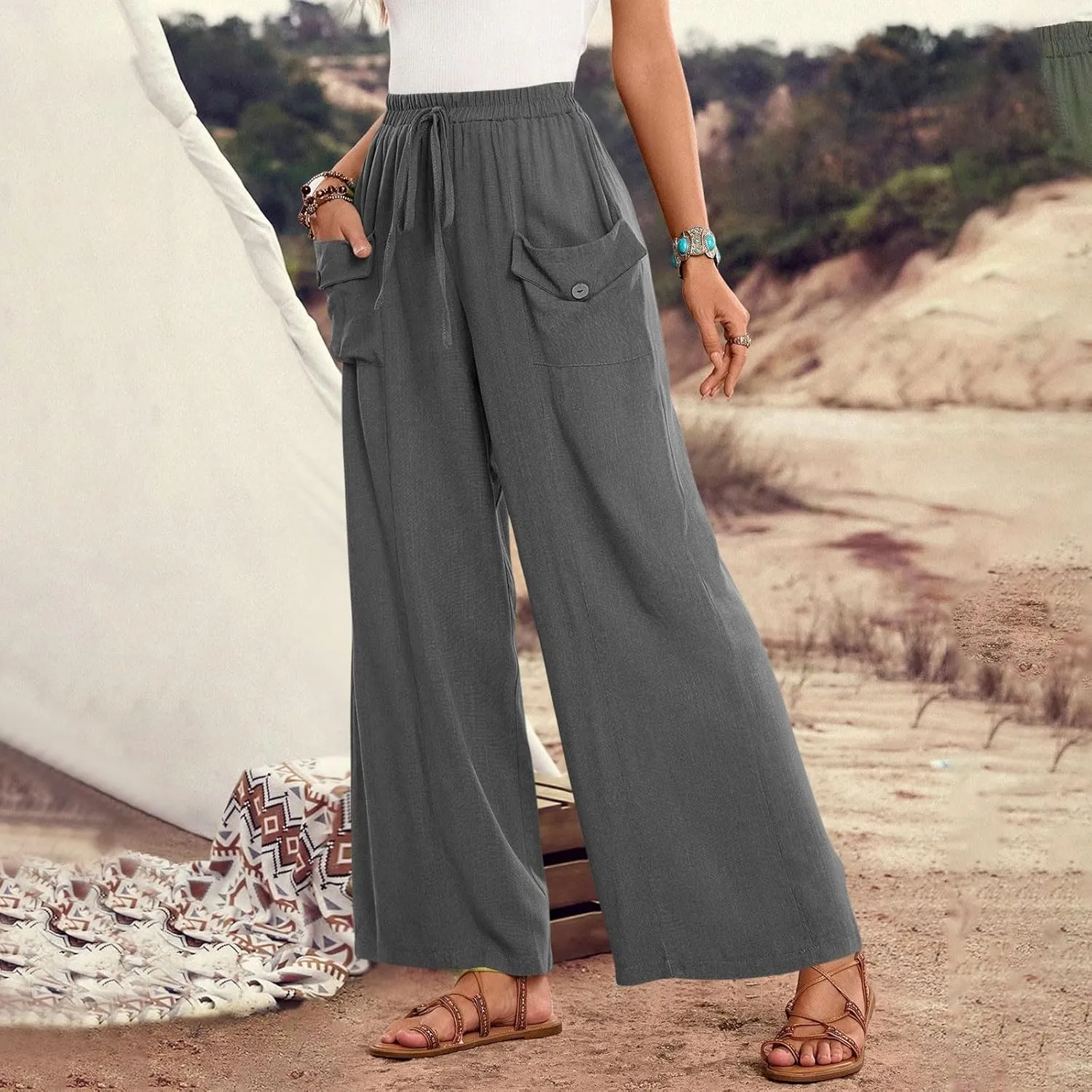 Womens Summer Linen Pants Wide Leg High Waist Flowy Palazzo Button Pockets Casual Drawstring Beach Trousers