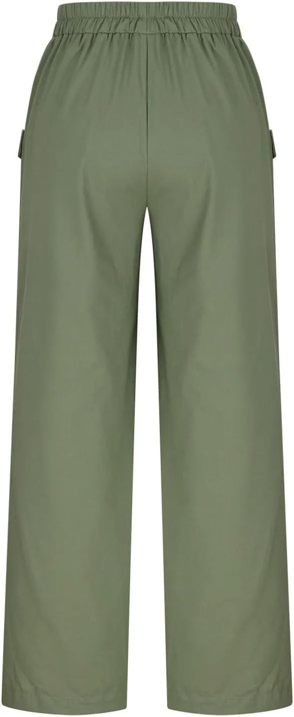 Womens Summer Linen Pants Wide Leg High Waist Flowy Palazzo Button Pockets Casual Drawstring Beach Trousers