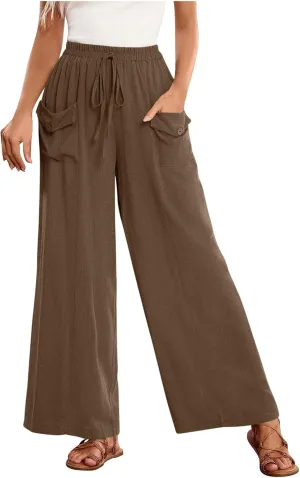 Womens Summer Linen Pants Wide Leg High Waist Flowy Palazzo Button Pockets Casual Drawstring Beach Trousers