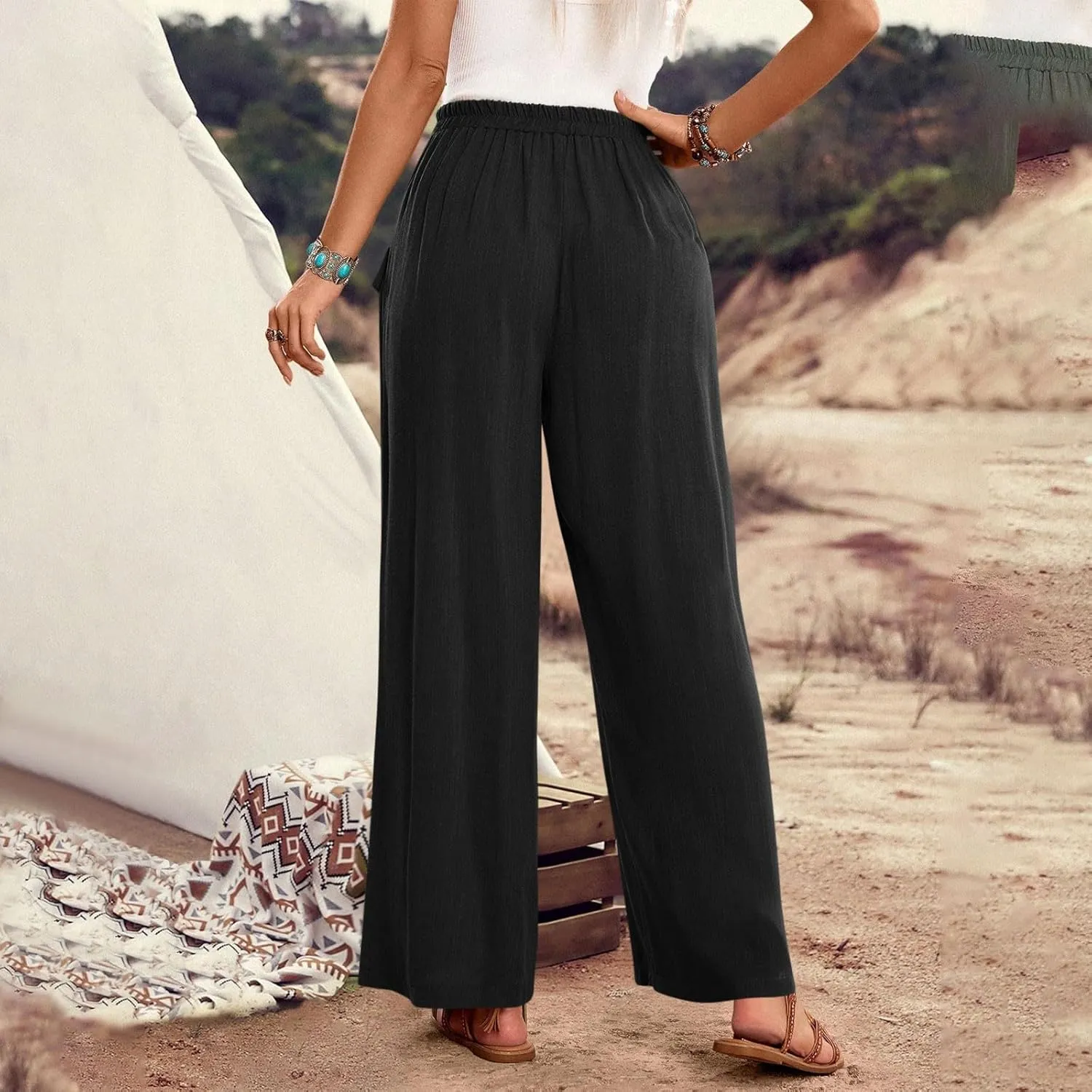 Womens Summer Linen Pants Wide Leg High Waist Flowy Palazzo Button Pockets Casual Drawstring Beach Trousers