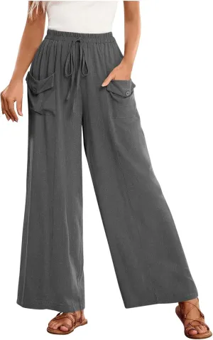 Womens Summer Linen Pants Wide Leg High Waist Flowy Palazzo Button Pockets Casual Drawstring Beach Trousers