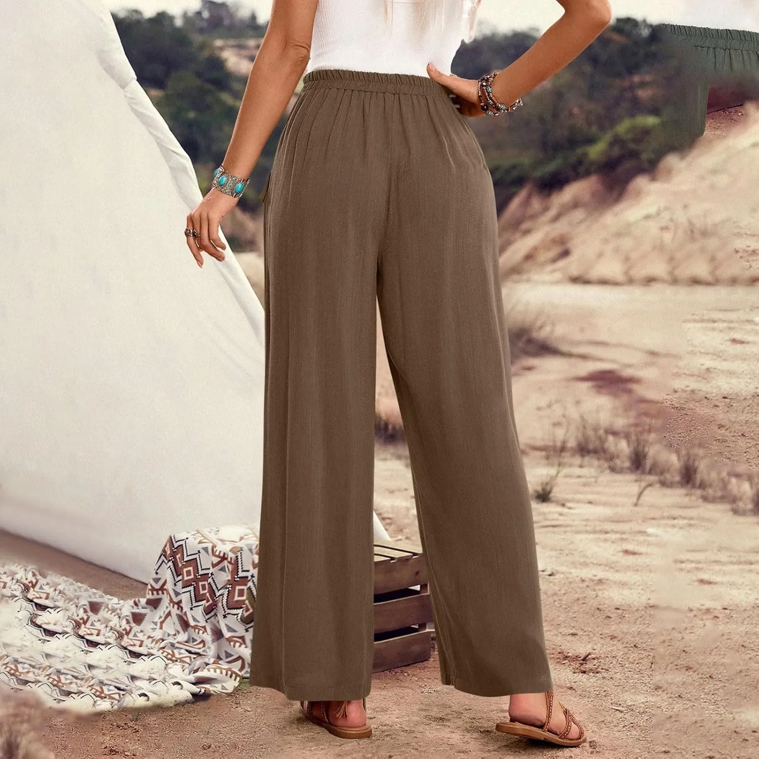 Womens Summer Linen Pants Wide Leg High Waist Flowy Palazzo Button Pockets Casual Drawstring Beach Trousers