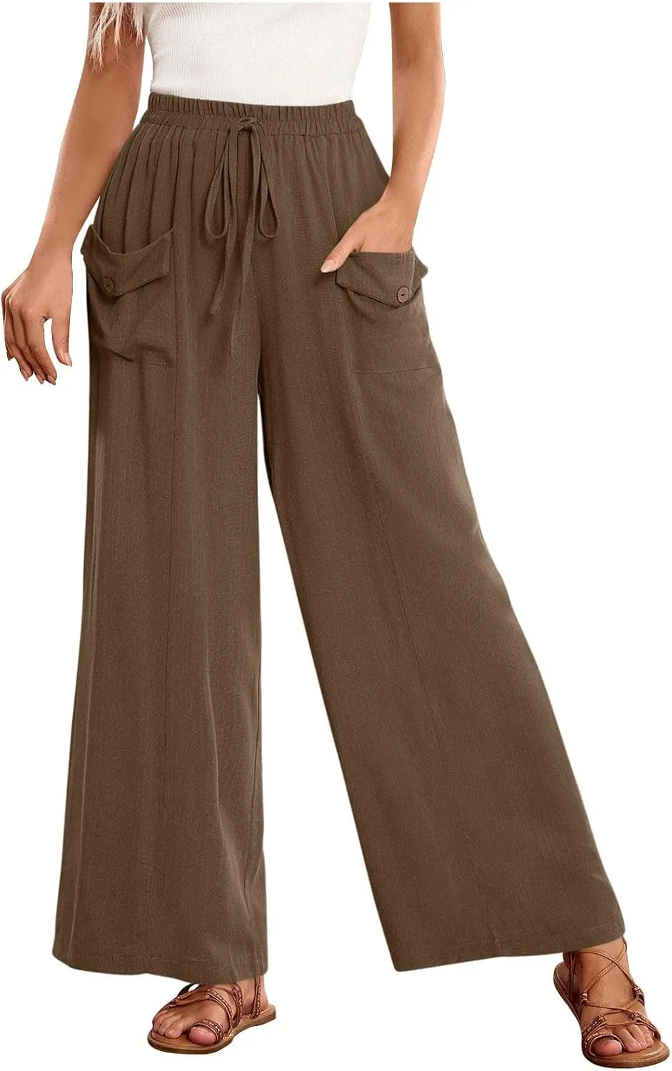 Womens Summer Linen Pants Wide Leg High Waist Flowy Palazzo Button Pockets Casual Drawstring Beach Trousers