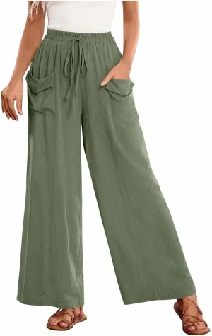 Womens Summer Linen Pants Wide Leg High Waist Flowy Palazzo Button Pockets Casual Drawstring Beach Trousers
