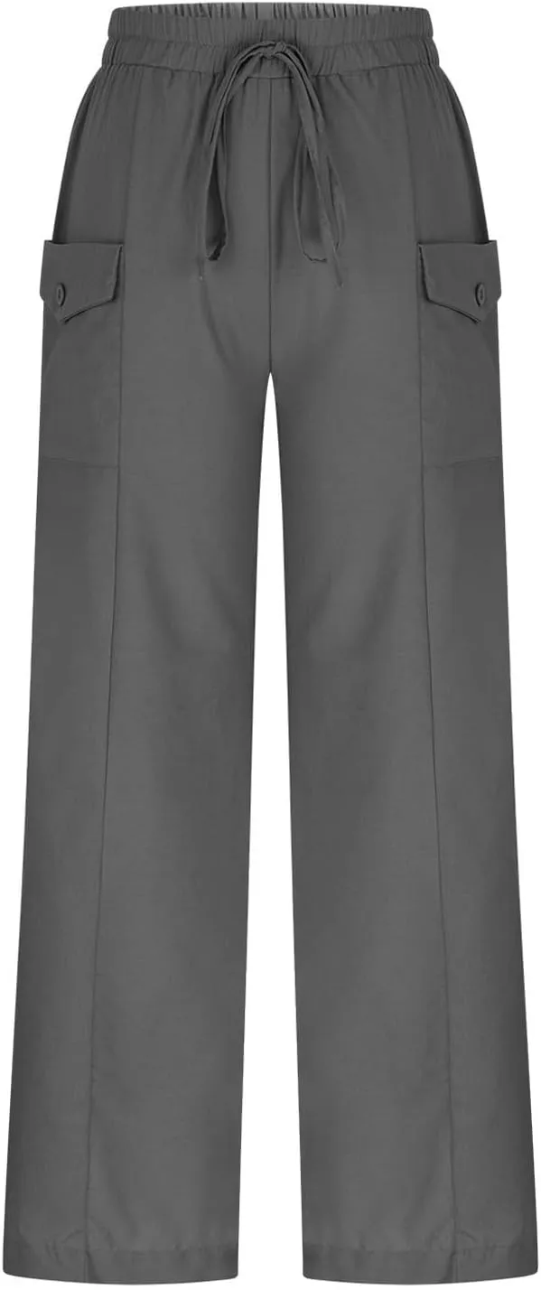Womens Summer Linen Pants Wide Leg High Waist Flowy Palazzo Button Pockets Casual Drawstring Beach Trousers