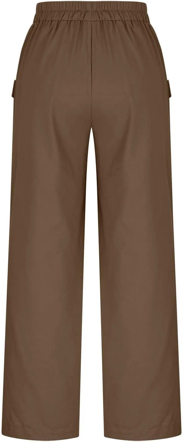 Womens Summer Linen Pants Wide Leg High Waist Flowy Palazzo Button Pockets Casual Drawstring Beach Trousers