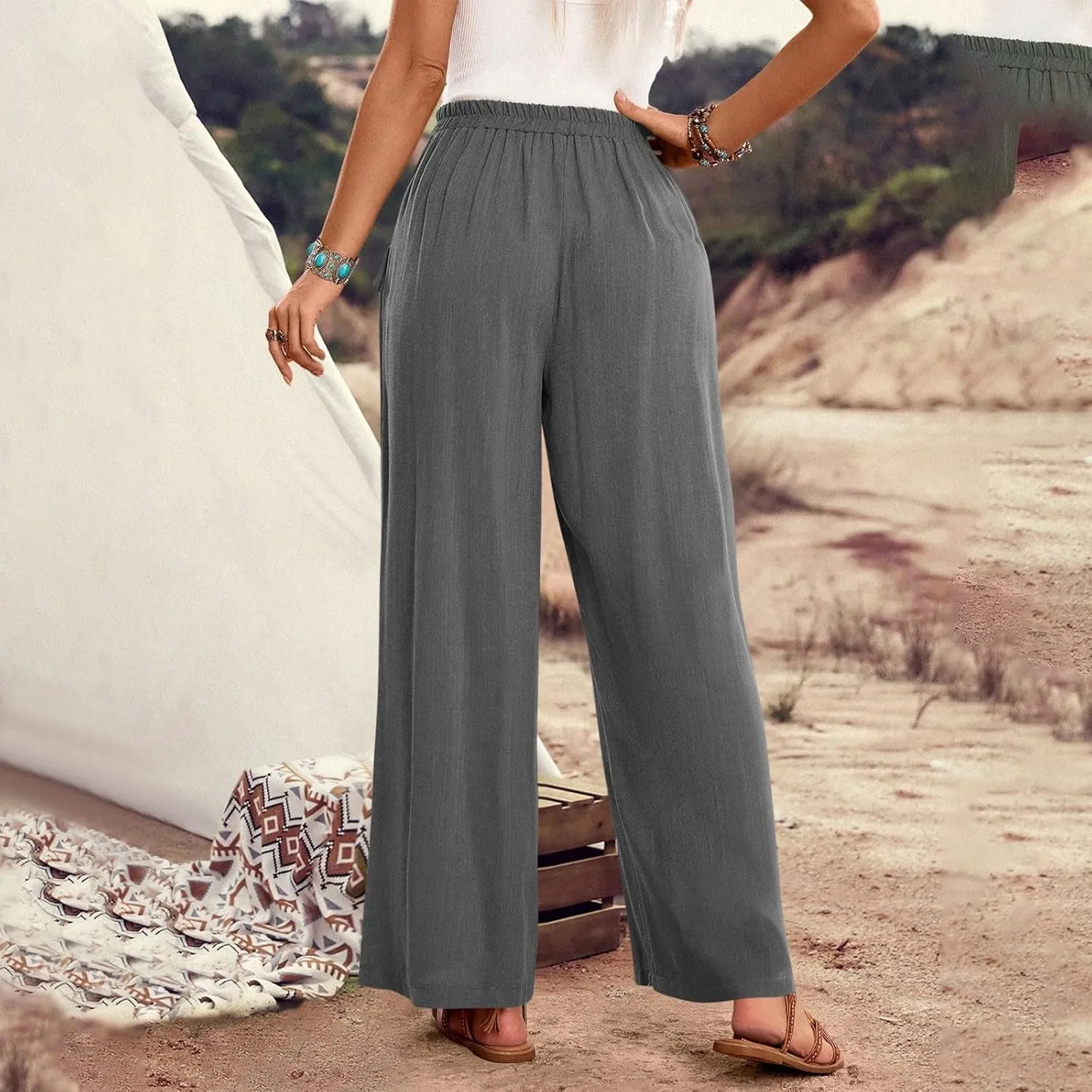 Womens Summer Linen Pants Wide Leg High Waist Flowy Palazzo Button Pockets Casual Drawstring Beach Trousers