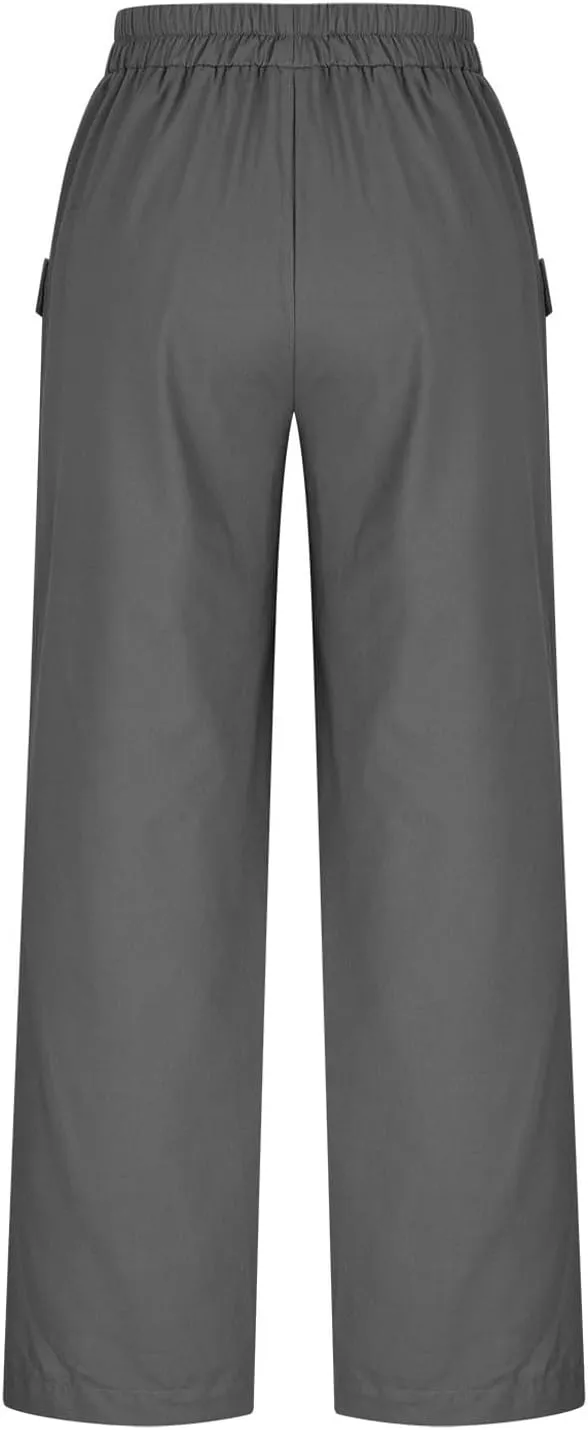 Womens Summer Linen Pants Wide Leg High Waist Flowy Palazzo Button Pockets Casual Drawstring Beach Trousers