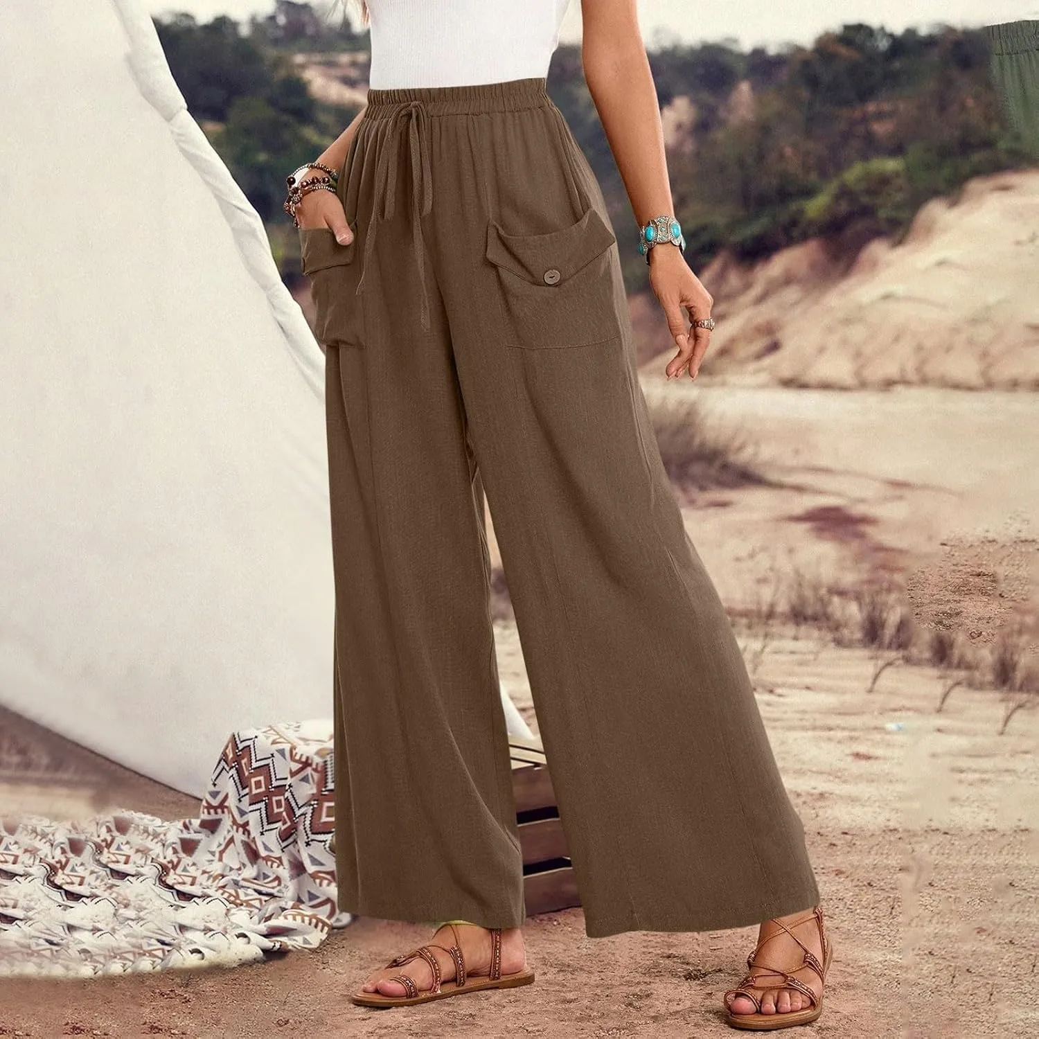 Womens Summer Linen Pants Wide Leg High Waist Flowy Palazzo Button Pockets Casual Drawstring Beach Trousers