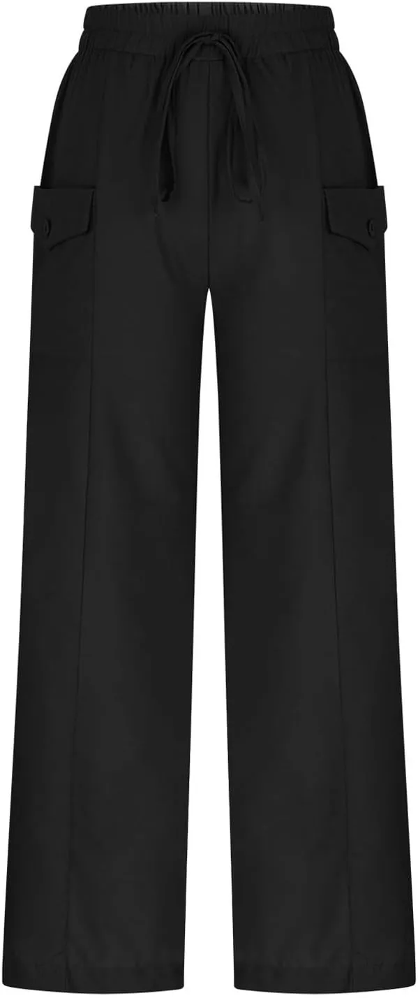 Womens Summer Linen Pants Wide Leg High Waist Flowy Palazzo Button Pockets Casual Drawstring Beach Trousers