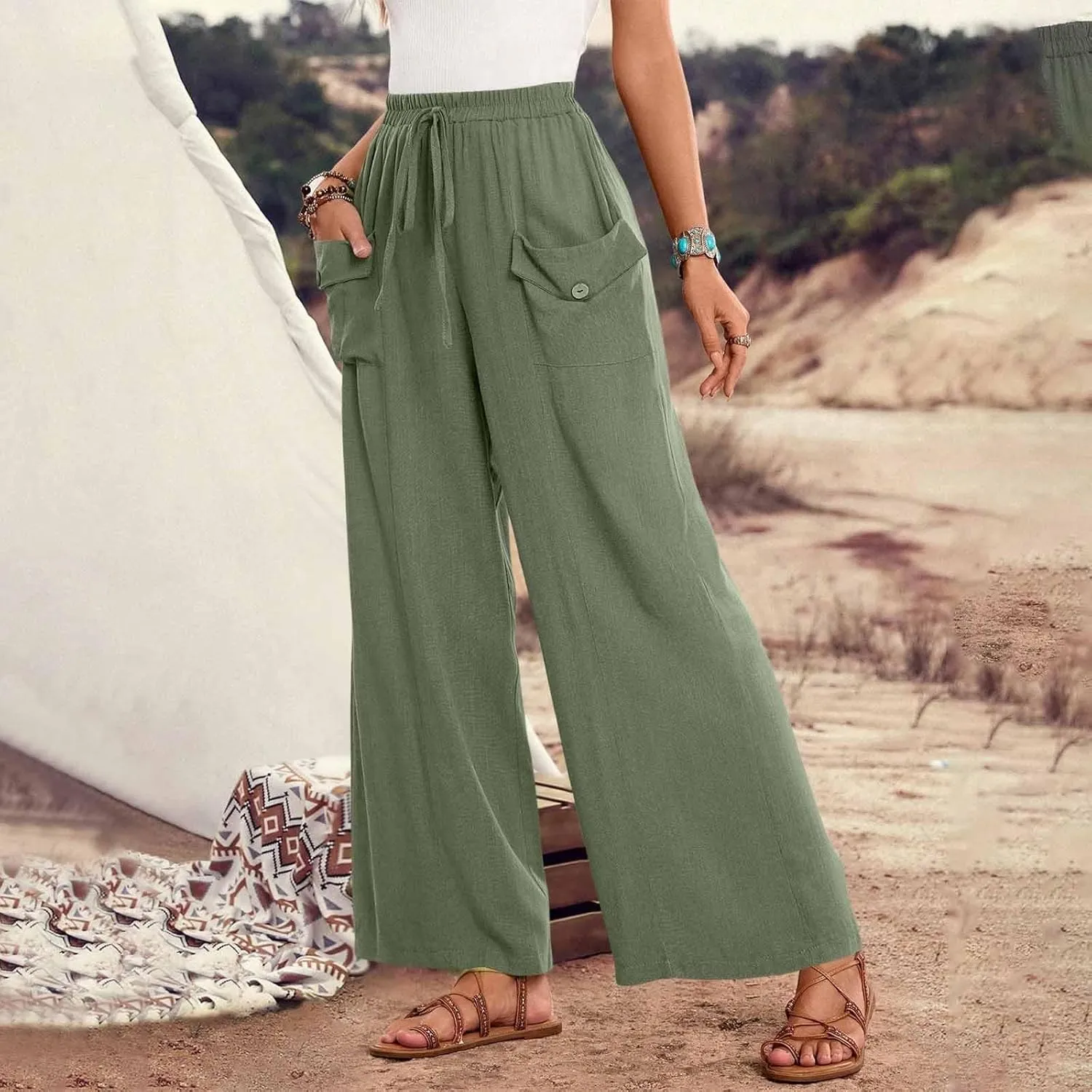 Womens Summer Linen Pants Wide Leg High Waist Flowy Palazzo Button Pockets Casual Drawstring Beach Trousers