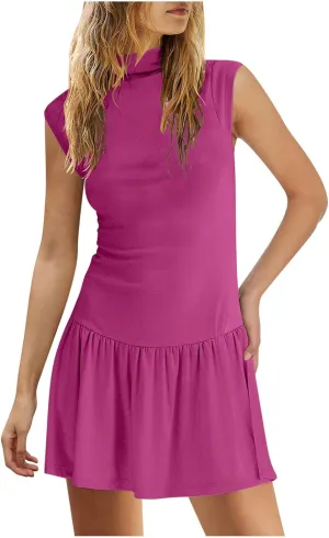 Womens Summer Modal Tank Mini Dress 2025 Fashion Stand Collar Cap Sleeve Ruffle Cute Beach Casual Vacation Dresses