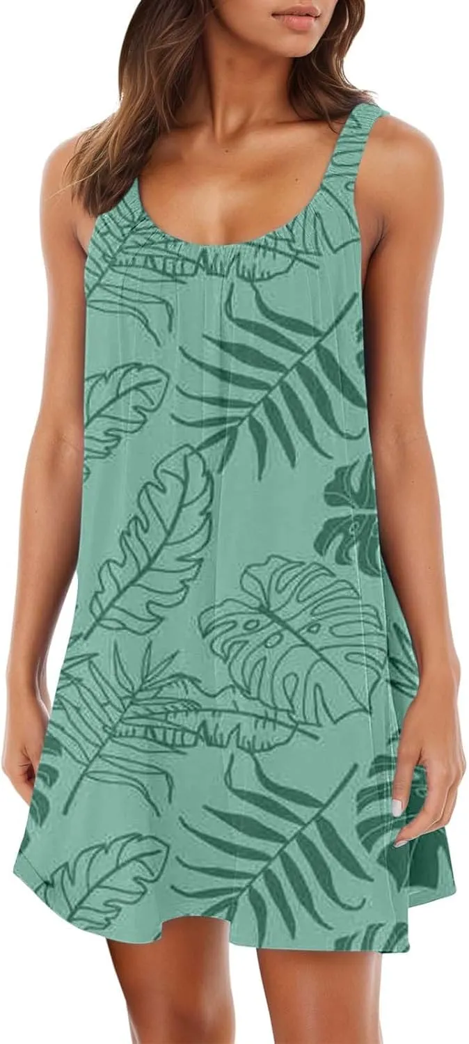 Women's Summer Tank Dresses 2025 Casual Sleeveless Floral Print Boho Beach Mini Dress Ruffle Hem Loose Sundress
