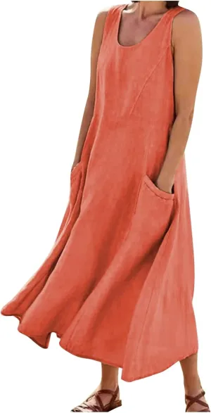 Womens Summer Tank Dresses Casual Beach Floral Sleeveless Linen or Cotton Maxi Dress Travel Outfits Sundress