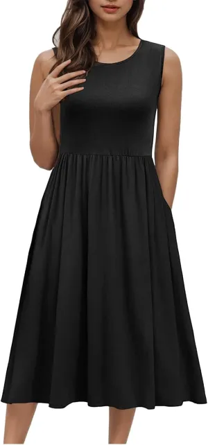 Women's Summer Tank Midi Dress with Pockets, Sleeveless A-Line Sun Dresses Casual T-Shirt Dress Flowy Beach Sundress