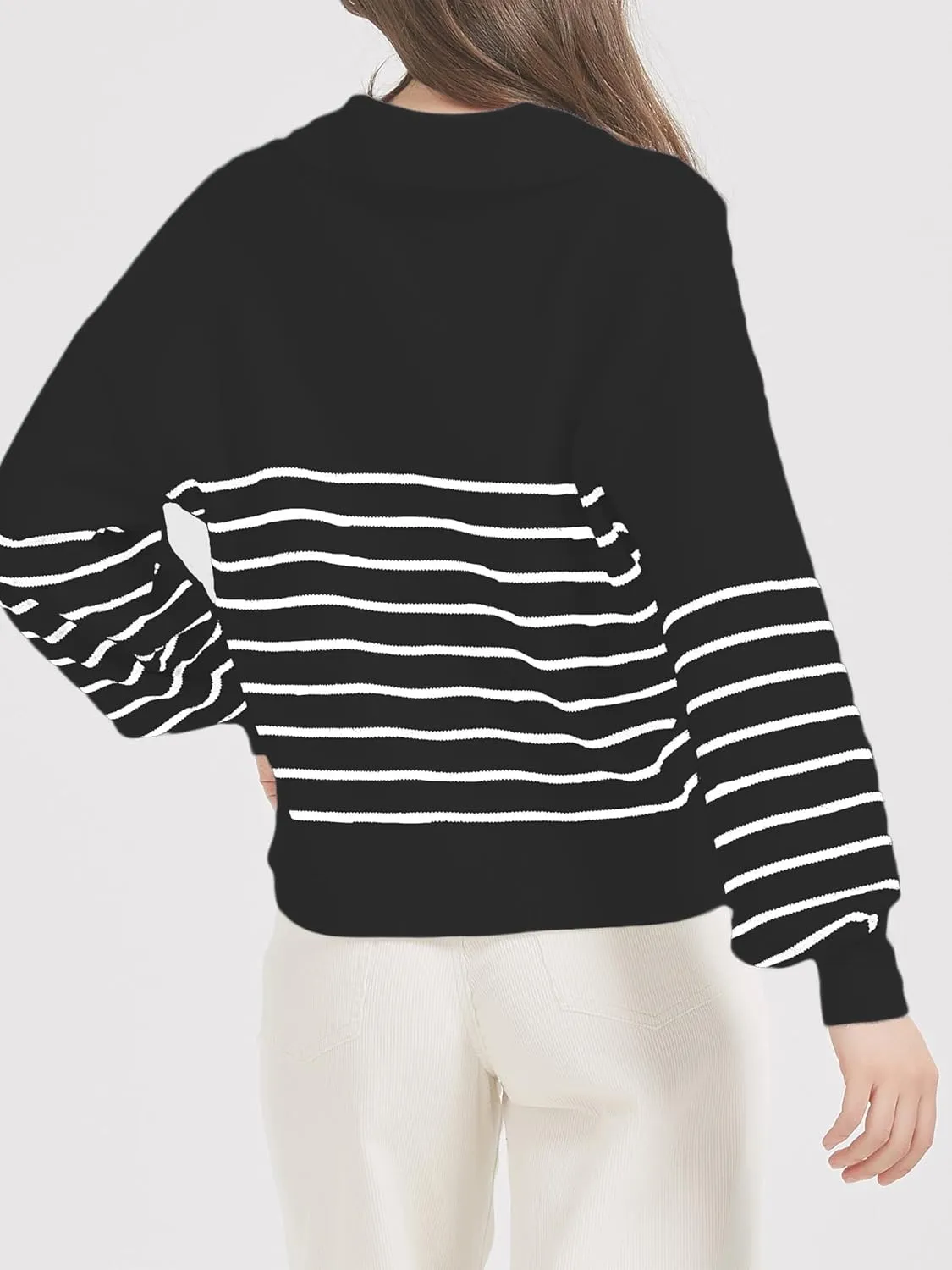 Women's Sweater, Casual Striped Long Sleeve Polo V Neck Knit Pullover Loose Sweater for Valentine's Day