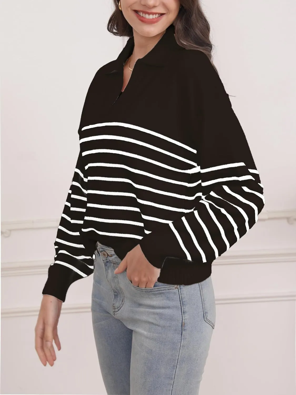 Women's Sweater, Casual Striped Long Sleeve Polo V Neck Knit Pullover Loose Sweater for Valentine's Day