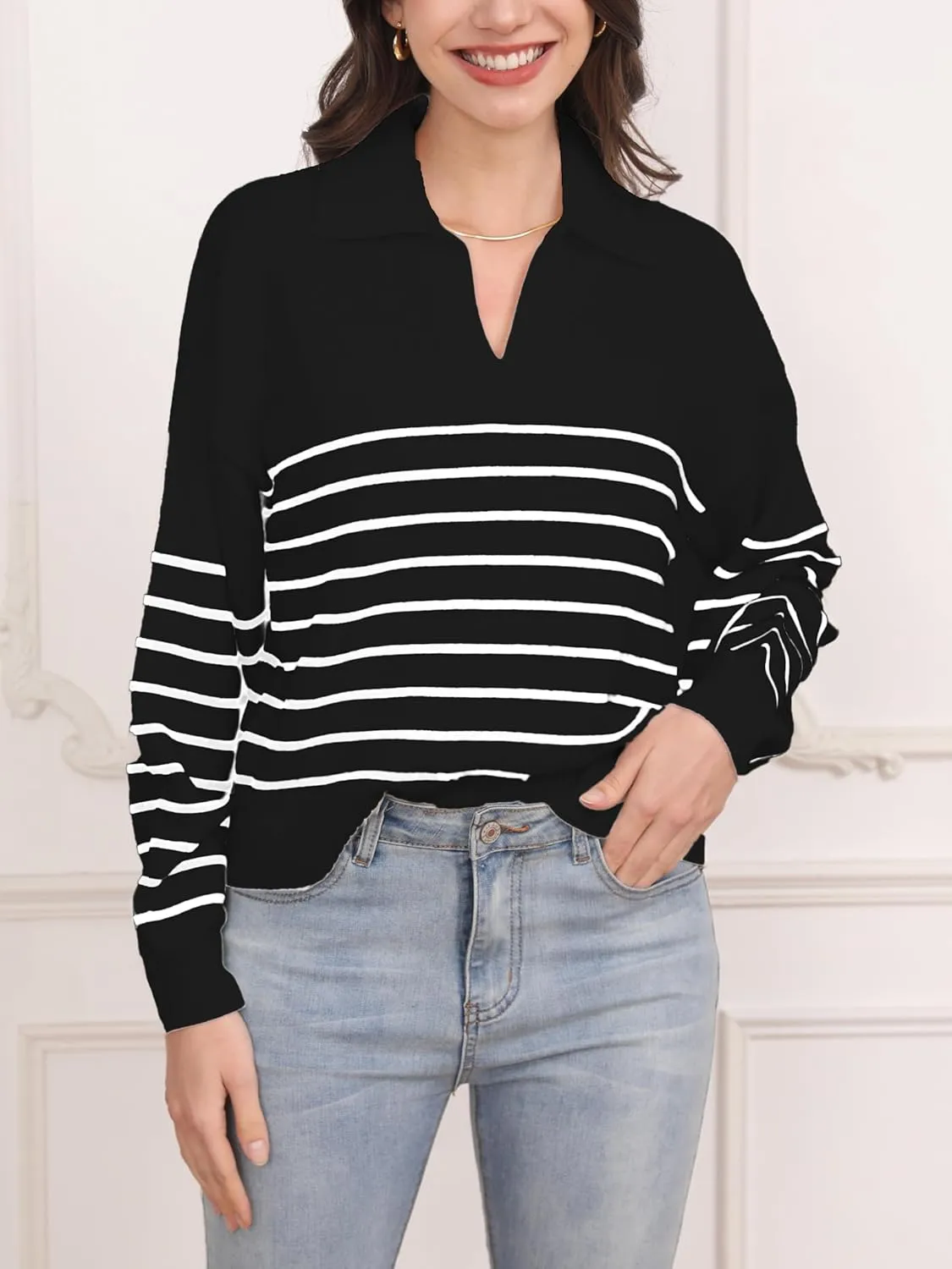 Women's Sweater, Casual Striped Long Sleeve Polo V Neck Knit Pullover Loose Sweater for Valentine's Day