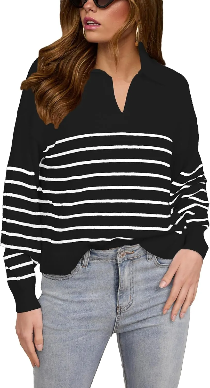 Women's Sweater, Casual Striped Long Sleeve Polo V Neck Knit Pullover Loose Sweater for Valentine's Day