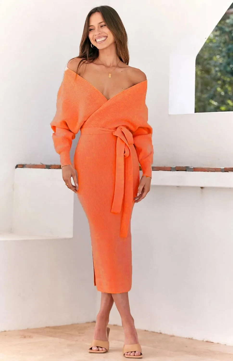 Women's Sweater Dress Long Batwing Sleeve Wrap V Neck Open Back Split Bodycon Dresses Winter Fall