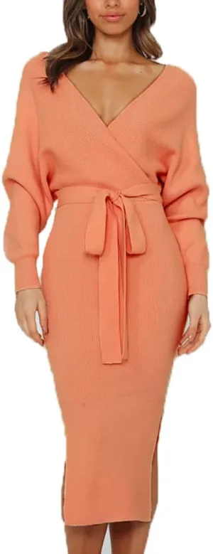 Women's Sweater Dress Long Batwing Sleeve Wrap V Neck Open Back Split Bodycon Dresses Winter Fall