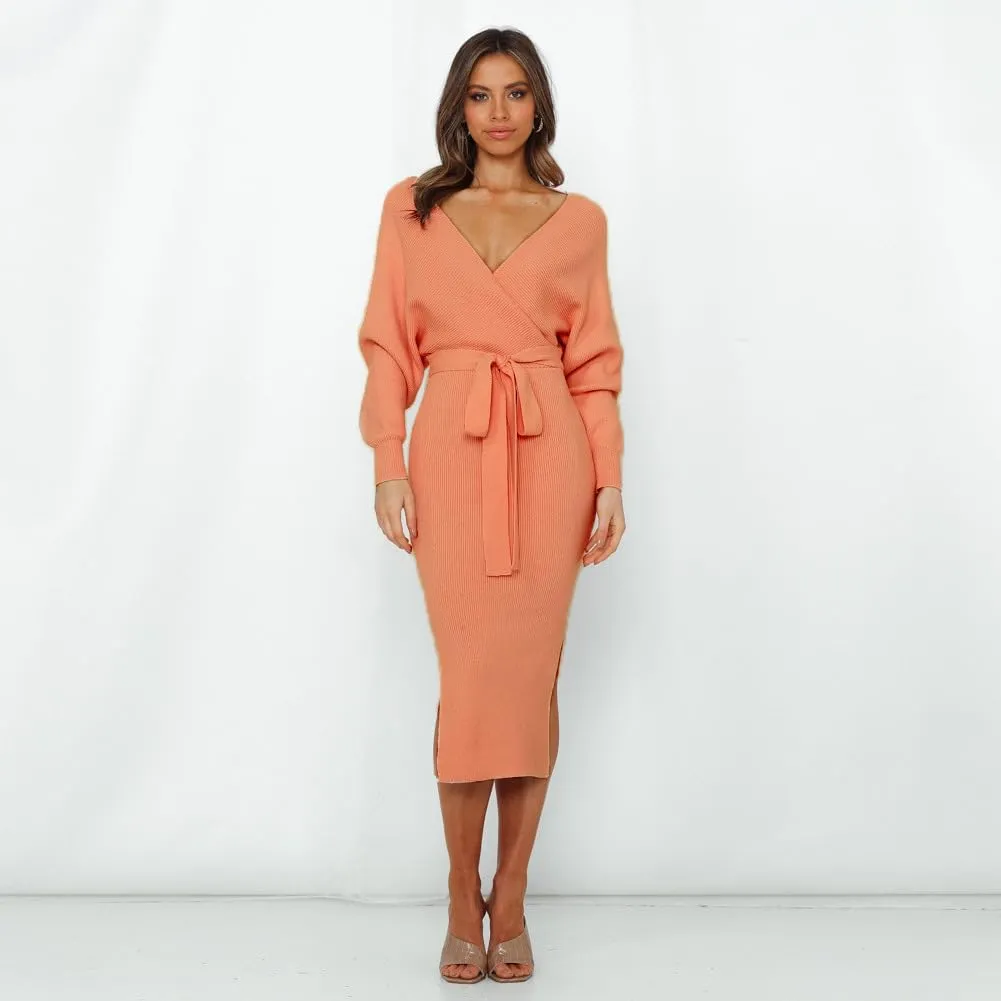 Women's Sweater Dress Long Batwing Sleeve Wrap V Neck Open Back Split Bodycon Dresses Winter Fall