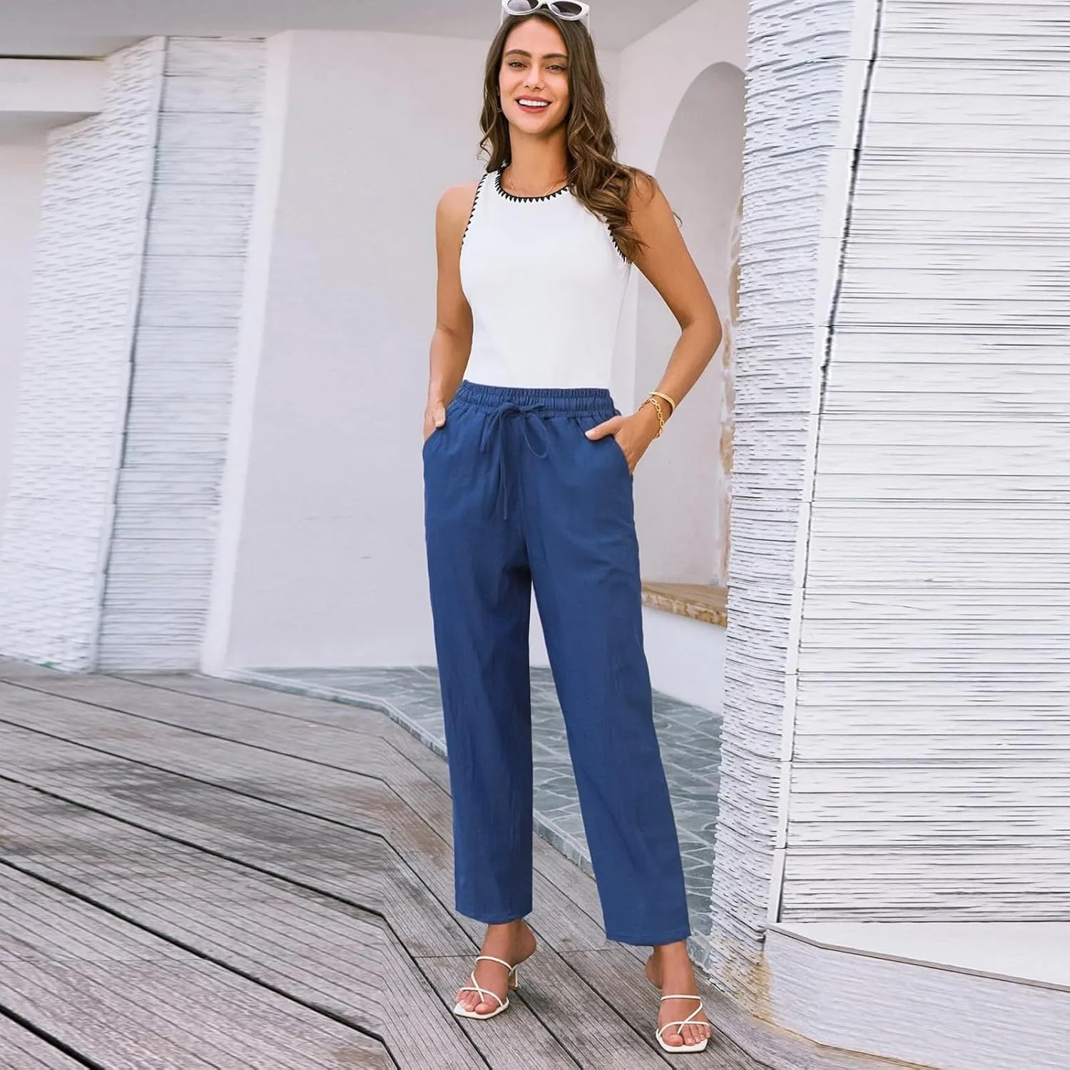 Womens Sweatpants, Peasant Pants Linen Straight Leg Casual Drawstring Cotton Plus Size