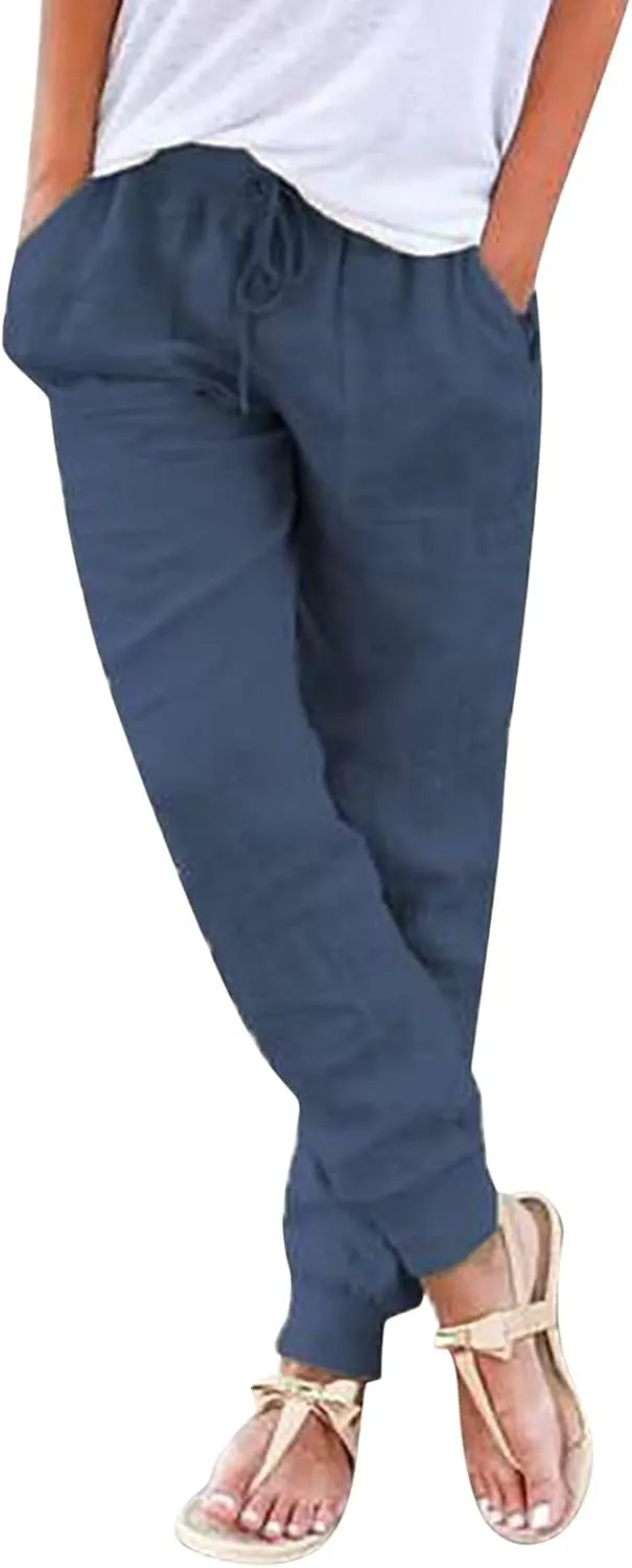 Womens Tapered Pants Casual Cotton Linen Pants Elastic Waist Linen Joggers Drawstring Pants with Pockets Trousers