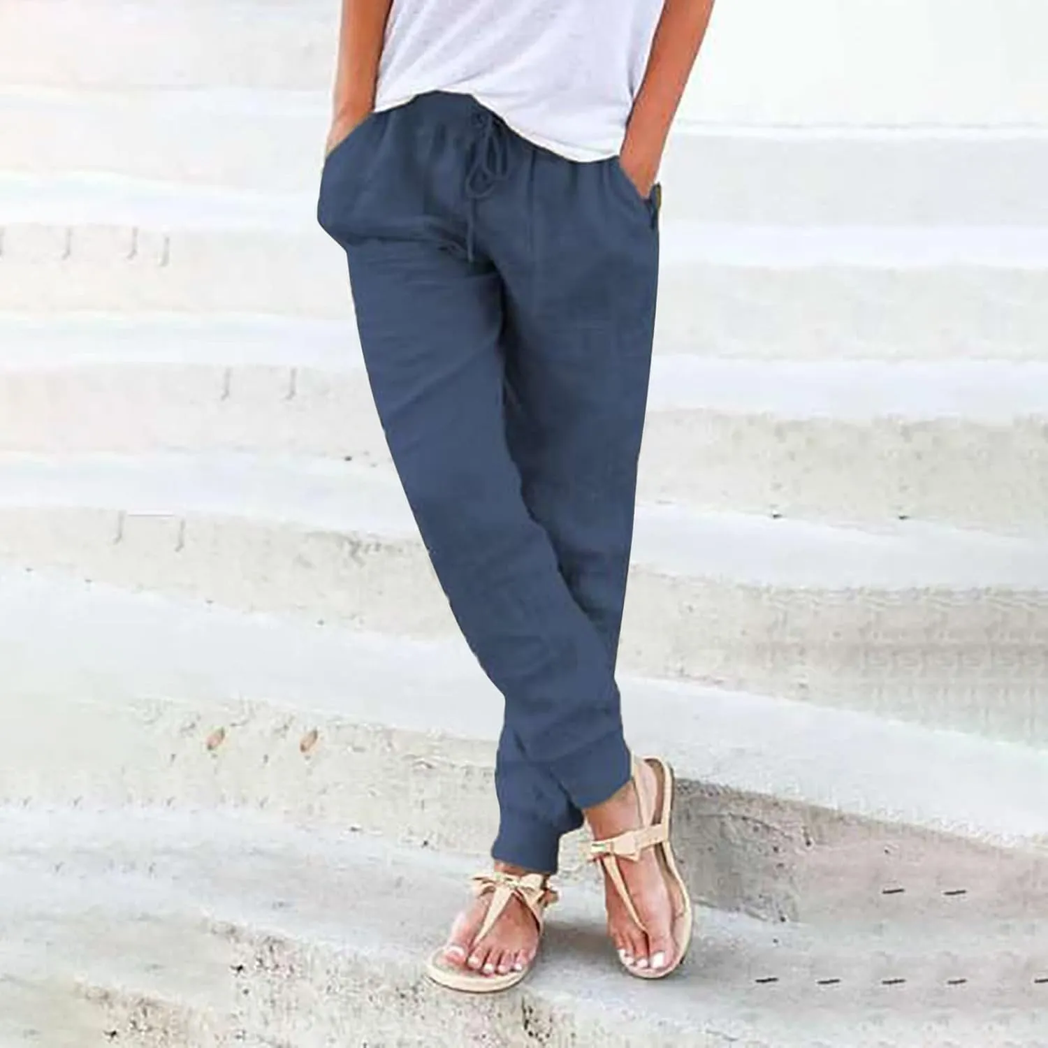 Womens Tapered Pants Casual Cotton Linen Pants Elastic Waist Linen Joggers Drawstring Pants with Pockets Trousers
