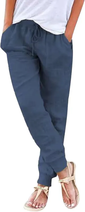 Womens Tapered Pants Casual Cotton Linen Pants Elastic Waist Linen Joggers Drawstring Pants with Pockets Trousers