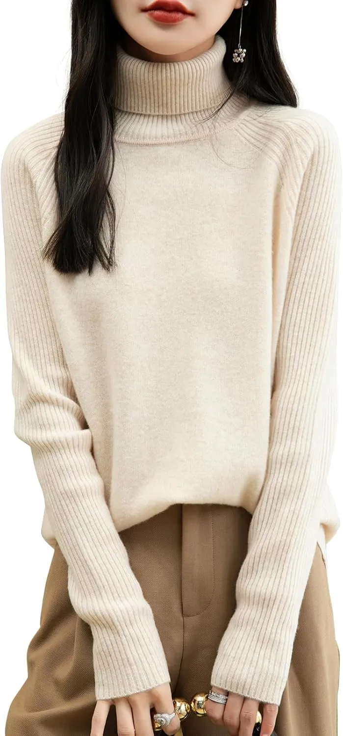 Women's Turtleneck 100% Merino Wool Sweater 2025 Fall Winter Classic Warm Soft Raglan Long Sleeve Knit Sweater