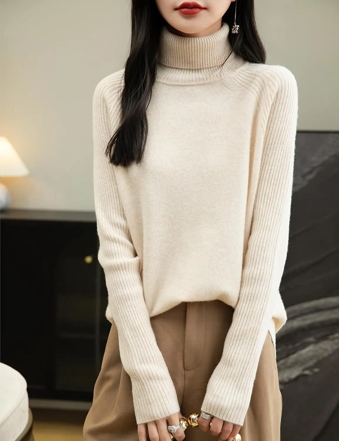 Women's Turtleneck 100% Merino Wool Sweater 2025 Fall Winter Classic Warm Soft Raglan Long Sleeve Knit Sweater