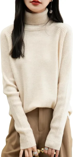 Women's Turtleneck 100% Merino Wool Sweater 2025 Fall Winter Classic Warm Soft Raglan Long Sleeve Knit Sweater